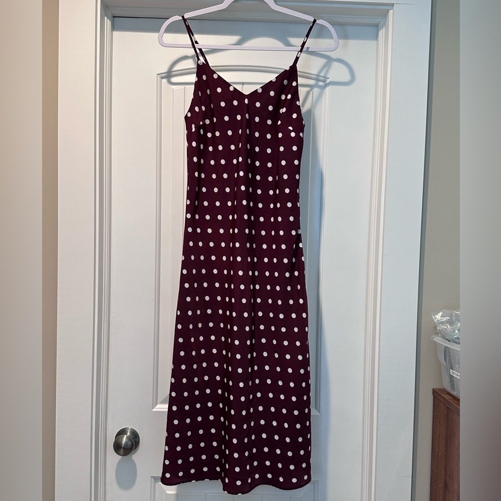 Skies Are Blue Maroon Polka Dot Spaghetti Strap Slip Dress- Small - Picture 3 of 7